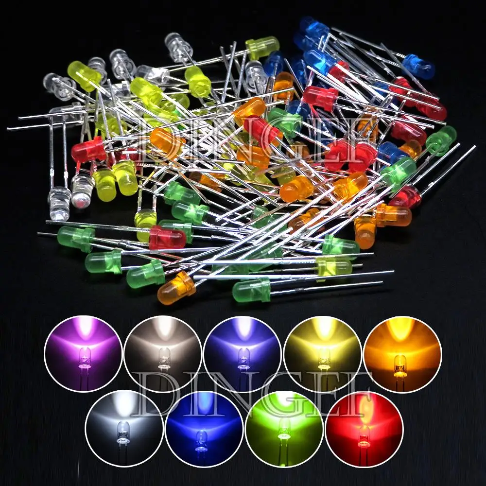 100PCS 3mm 5mm LED Diode F3 F5 Assorted Kit White Green Red Blue Yellow Orange Pink White DIY Light Emitting LED Diode Connector