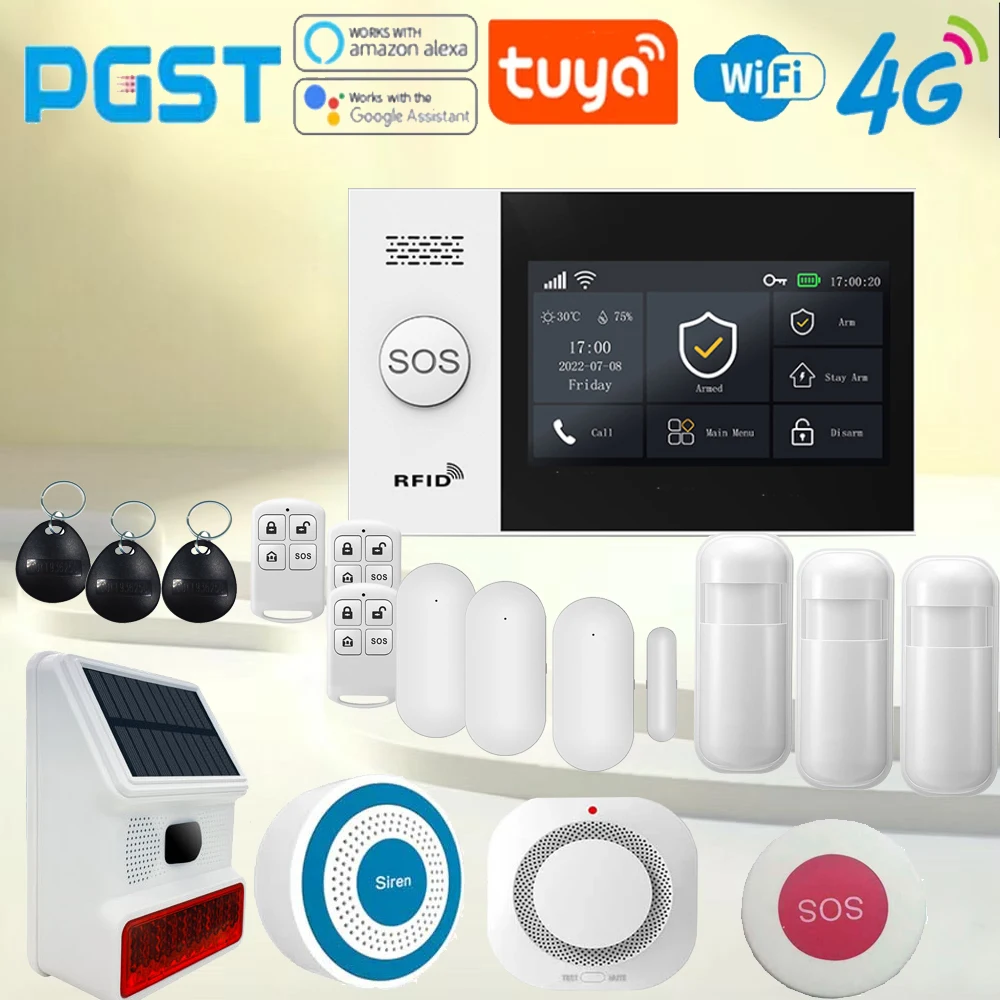 

4G intelligent home alarm system, PGST WIFI wireless secure home alarm, 433MHz infrared motion sensor, smoke sensor and other mu