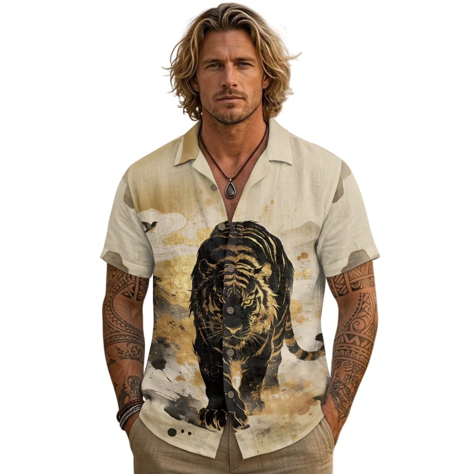PENSTROLL Gilded Ink Wash Tiger Soft Beach Hawaiian Shirt for Men Linen Like Hawaiian Shirts Outdoor Clothes for Men