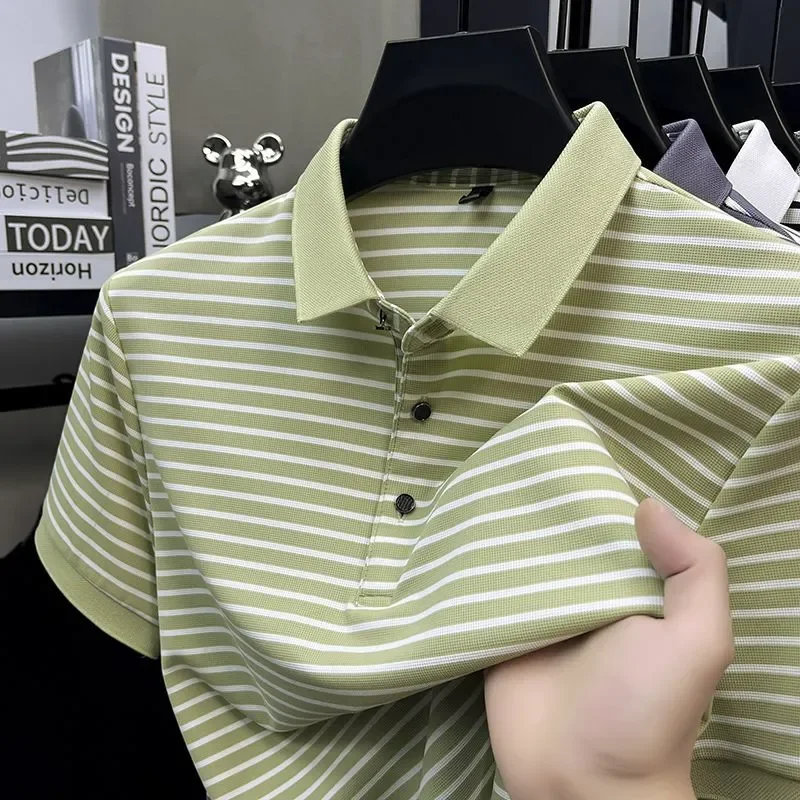 Men Summer Striped Lapel Short Sleeve Polo Shirt Soft Breathable Casual Dad Top S-5XL