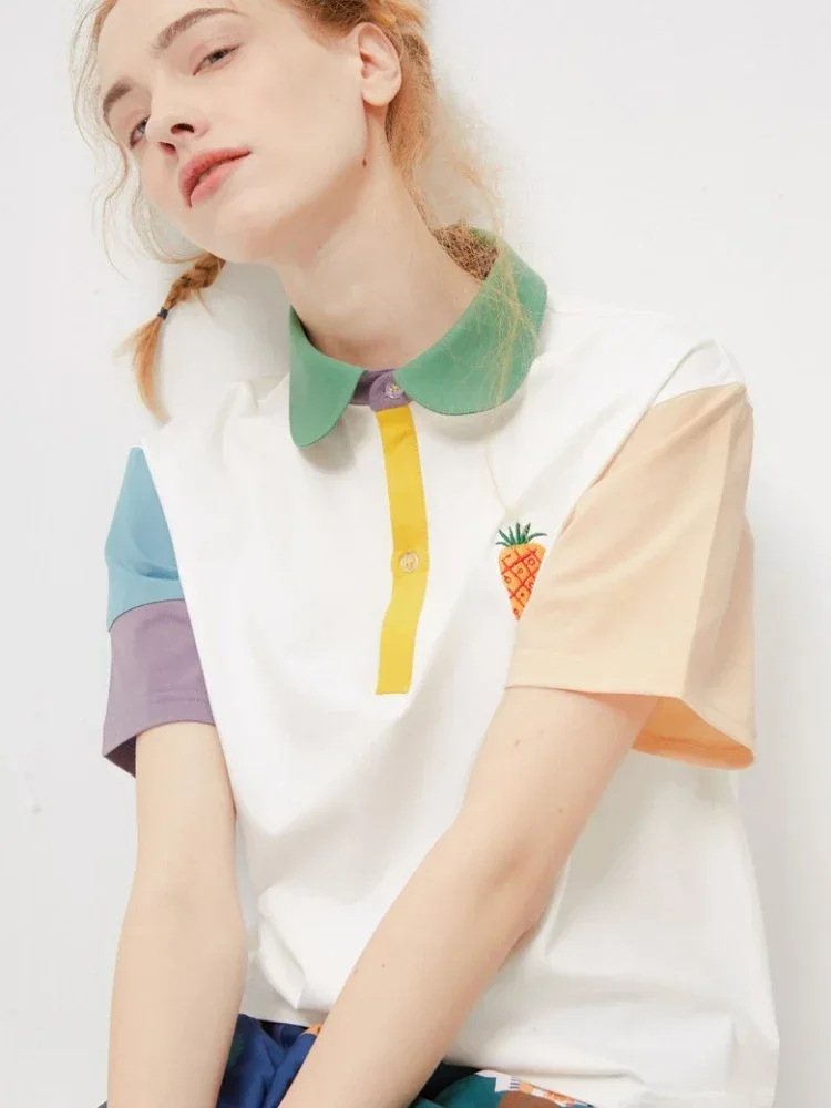 

High Quality Harajuku Cartoon Embroidery 100% Cotton T-shirt Summer Women Casual Kawaii Patchwork Sleeve Cute White Tee Top