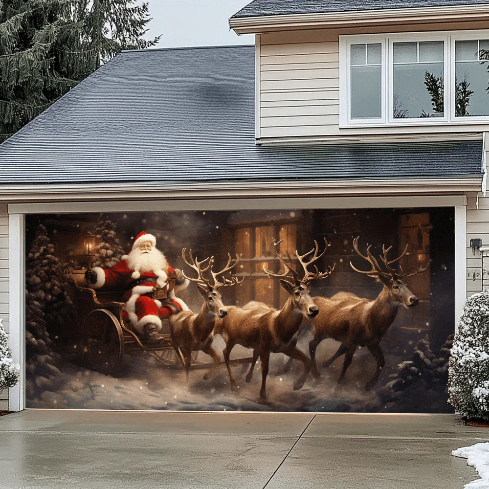 Christmas Santa sleigh garage door banner, Christmas cycling scene background cloth, outdoor Christmas festival wall decoration
