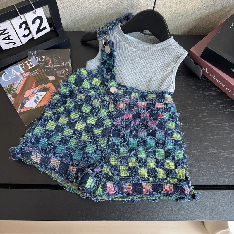 

Children's Outfit New Summer Fashionable Stylish Korean Style Super Cute Denim Overalls for Girls+Two-piece vest set