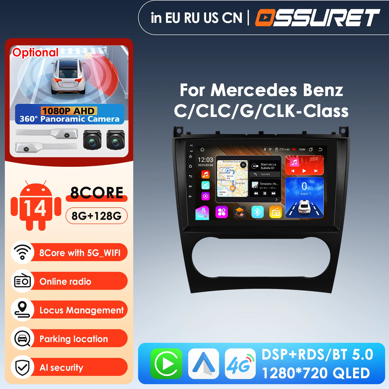 

Автомобильный мультимедийный плеер Carplay 4G 2 Din Android 14 для Mercedes Benz CLC W203 C-Class C180 C200 CLK200 CLK W209 с GPS и RDS, автомагнитола