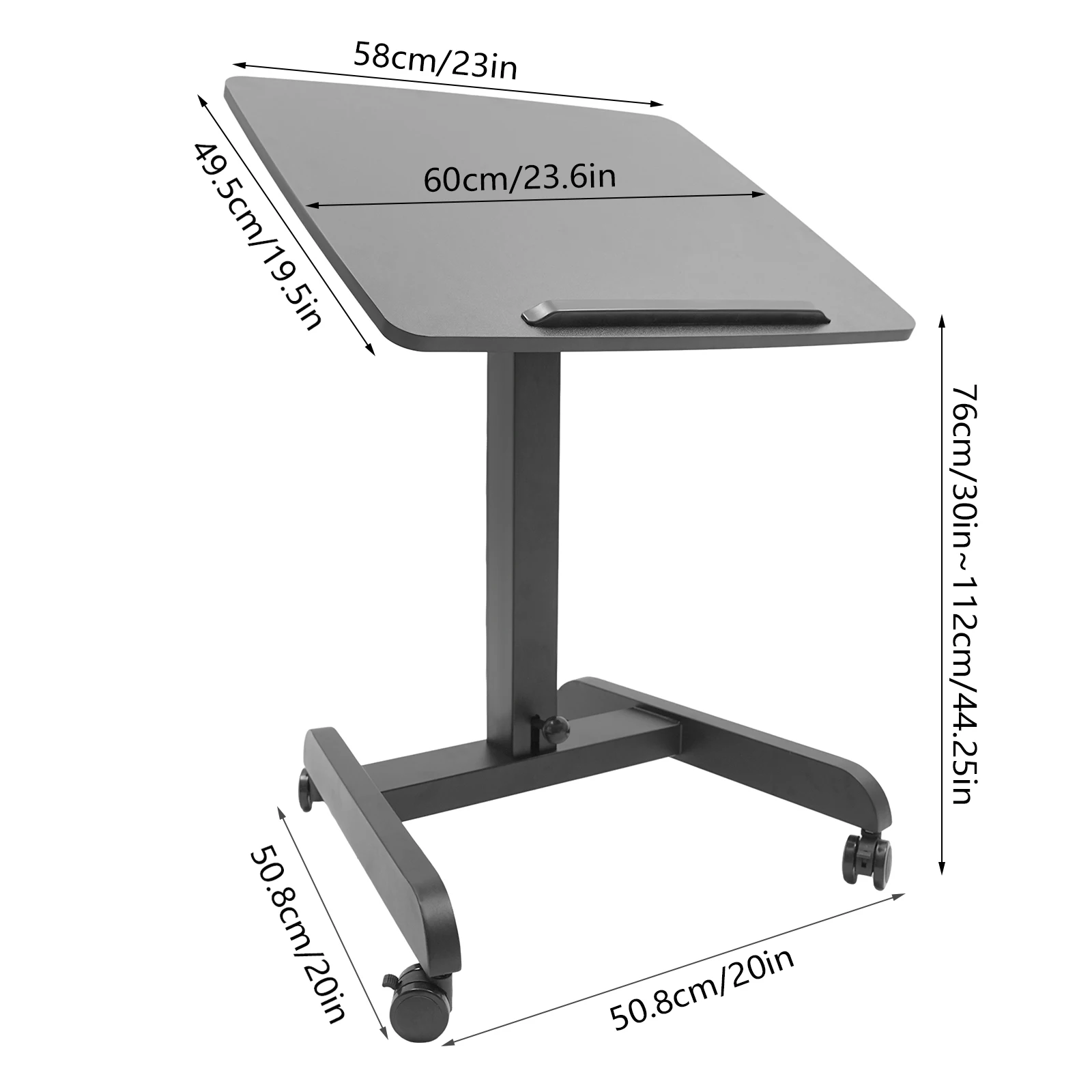Durable Stand Up Computer Workstation with Adjustable Height and Multi-Angle Desktop, 4 Wheels with Brakes, Sturdy Iron Frame