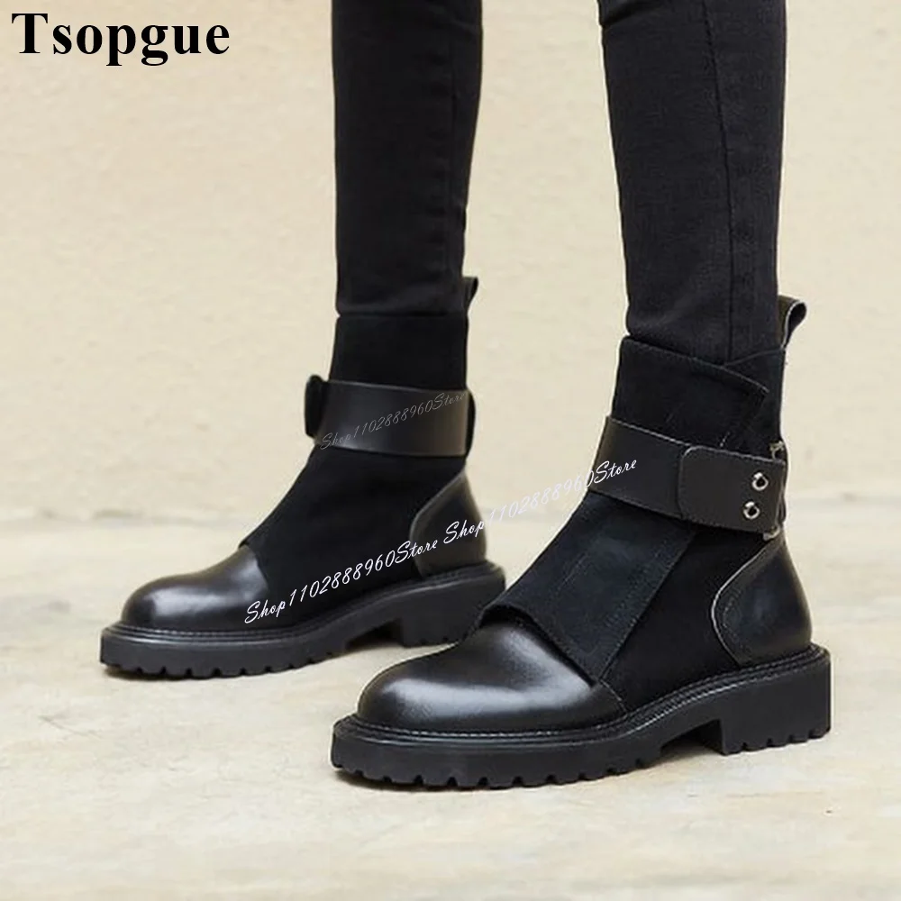 Western Black Patchwork Metal Buckle Belt Runway Ankle Boots Flat With Women Shoes Hook Belt Round Toe 2024 Zapatos Para Mujere