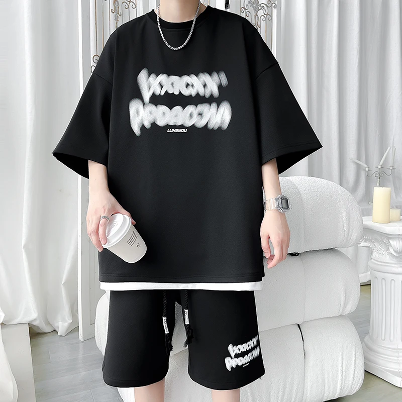 4 Colors!2024 Men's Set Summer High Street Phantom Letter Printing Fashion Casual Short Sleeve T-shirt Shorts Set