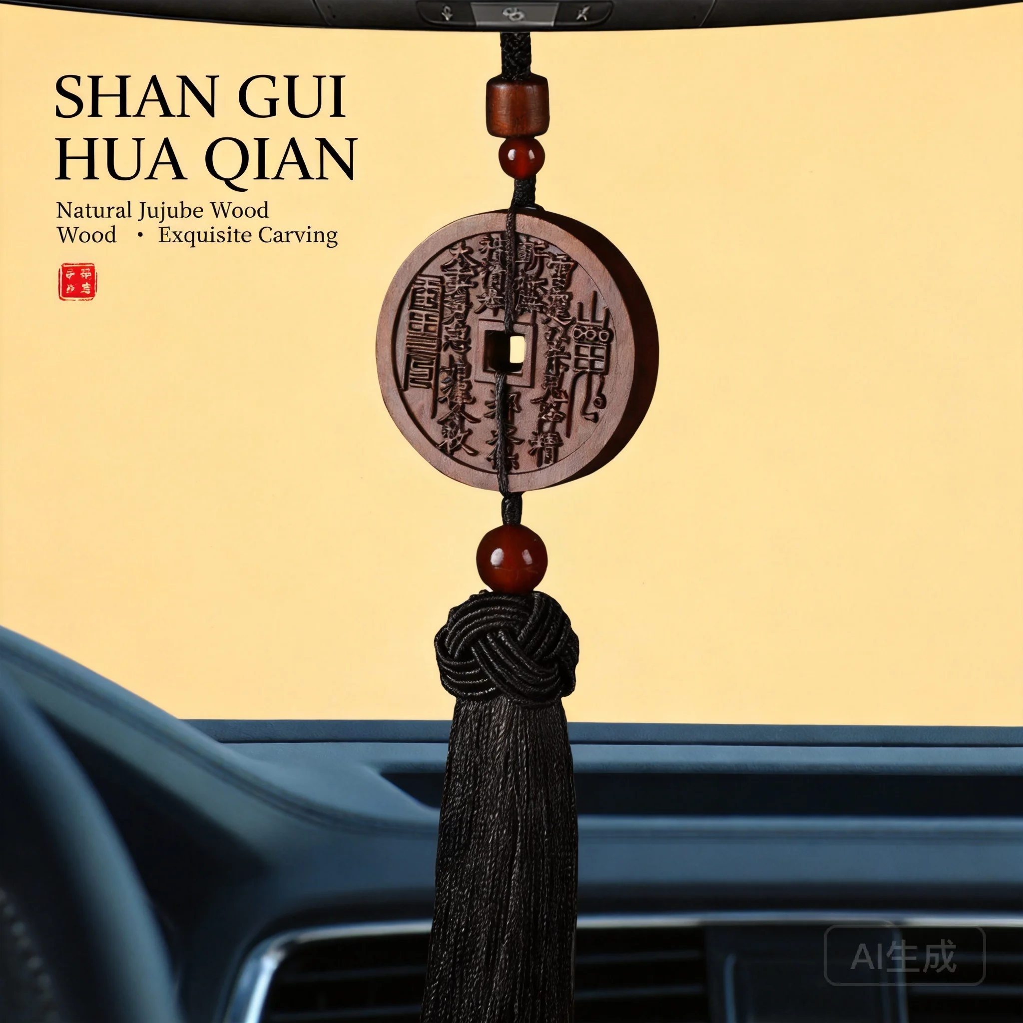 Chinese Style Natural Jujube Wood Mountain Ghost Lucky Coin Car Hanger Double Sided Carved Blessing Safe Travel Good Luck Wealth
