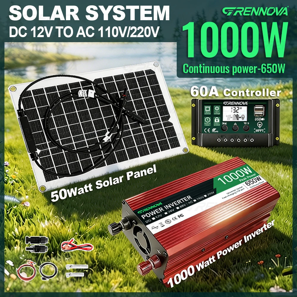 1000W Stable Output Peak Solar Power System Kit (50W Solar Panel + 60A Controller + Durable Inverter) DC12V to AC110V/220V Home