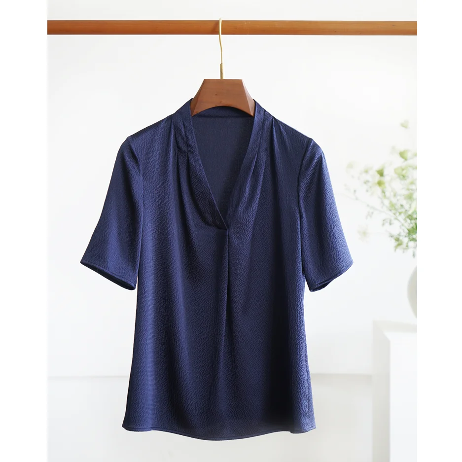 

Silk ort Sve irt Women's Practical Commute Sle V-ne Overhead Top Pearlescent Satin OL Sle Straight Cut CY020