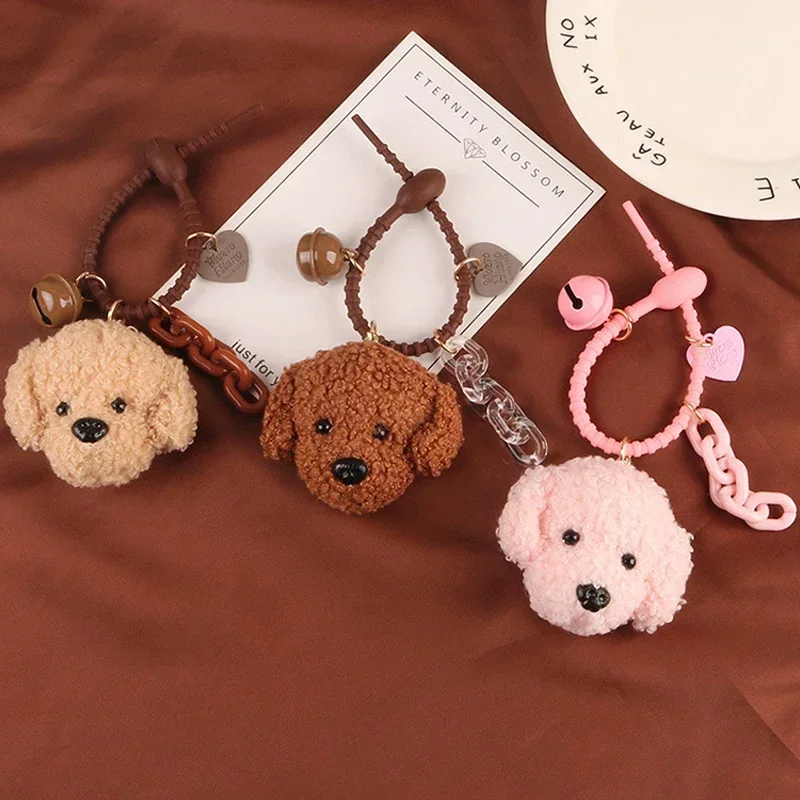 

Cute Plush Dog Women Bag's Pendant Cartoon Dog Head Toys DIY Keychain Couples Matching Keyring Doll Bell Car Keychain