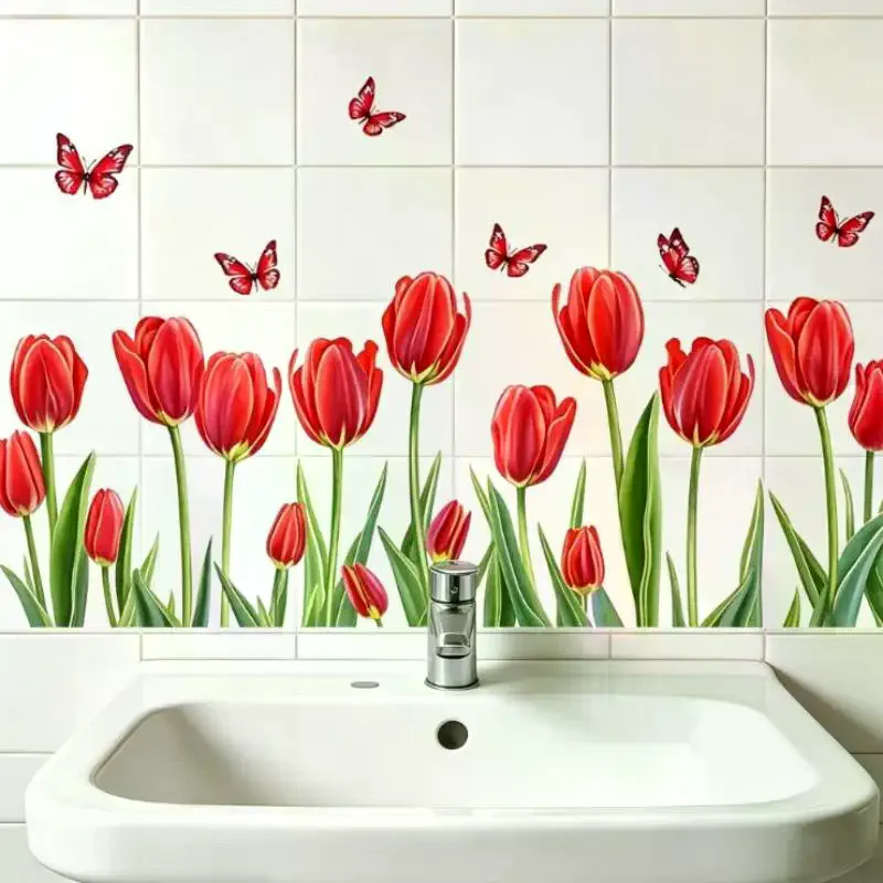 Removable Floral Bathroom Wall Decal Waterproof Self-Adhesive Sticker for Sink Area Kitchen Wall Home Decoration