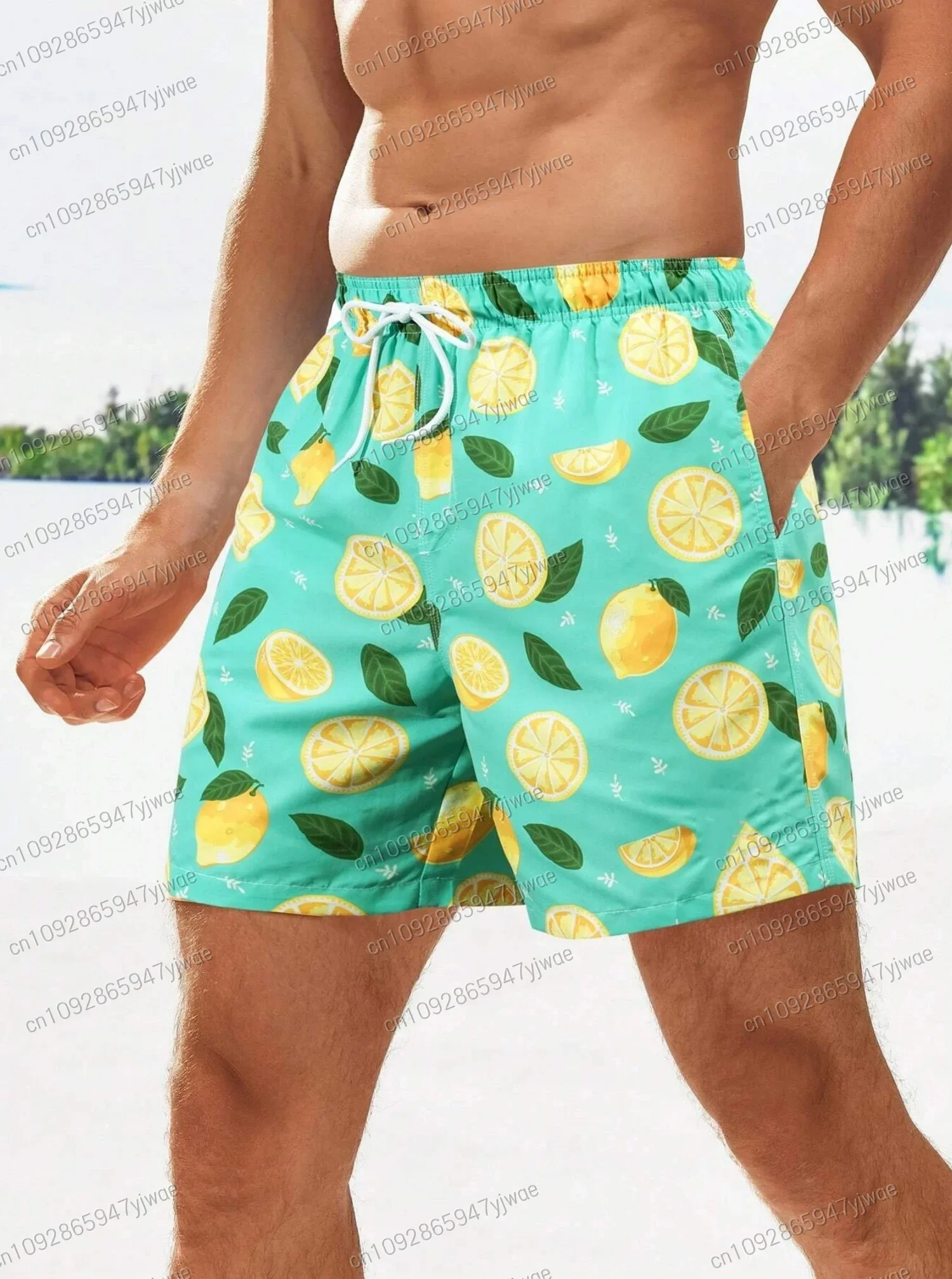 

Летние мужские шорты для доски 25-26, большие плавки с лимонным принтом, быстросохнущие гавайские пляжные шорты на шнурке, мужская одежда