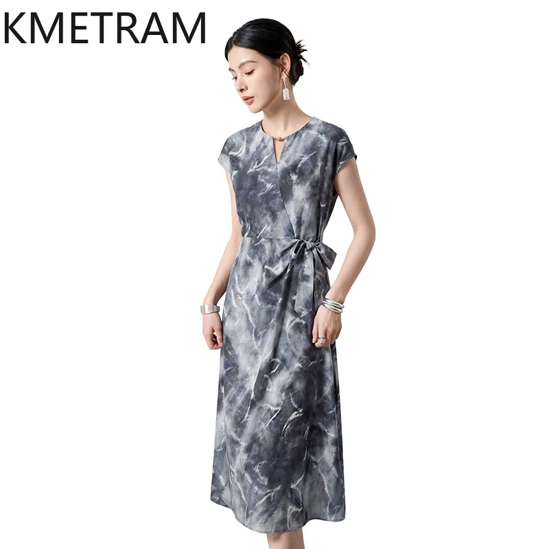 KMETRAM 89.9% Real Mulberry Silk Dresses for Women Elegant V-Neck Midi Dress Summer Casual Frocks New Woman Clothing 2026 платье