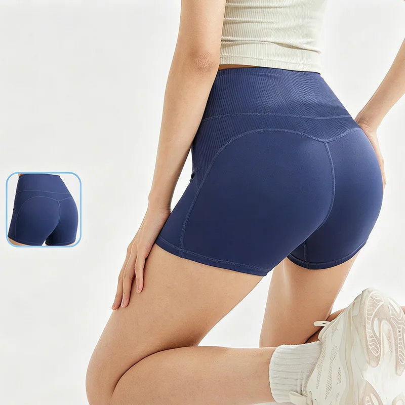 Women Seamless Ribbed High Waist Yoga Shorts Tummy Control Butt Lifting Skin-Friendly Naked Feeling Sports Shorts for Running