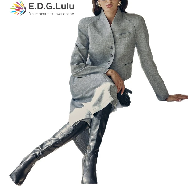 EDGLuLu Женский комплект из двух предметов с воротником-стойкой, однобортный короткий топ + длинная юбка с высокой талией, серый костюм, шикарный женский наряд 1026