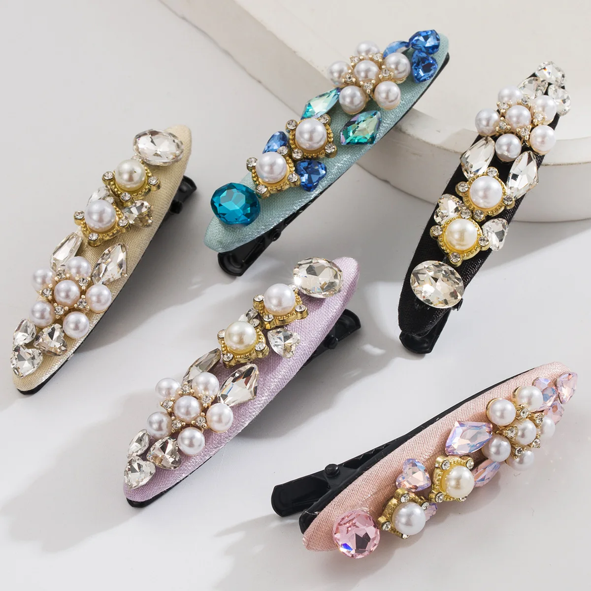Baroque Satin Gem Pearl Side Hair Clip Spring Clips Multi Shape Rhinestone Barrette Vintage Soft Romantic Crystal Daily Hairpins