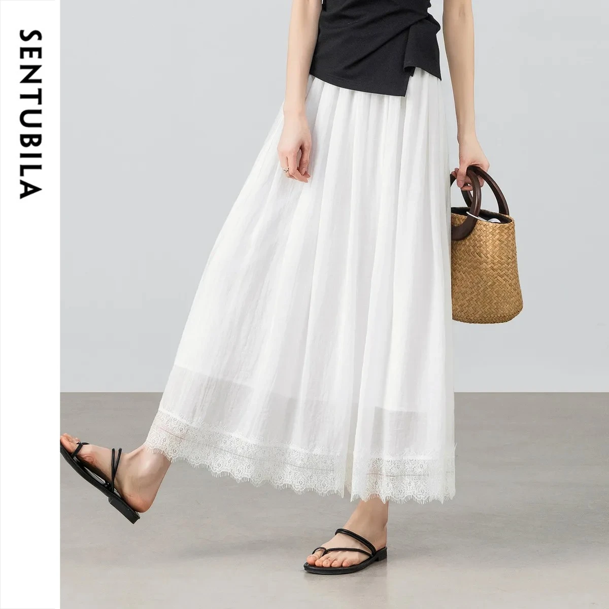 SENTUBILA Women White Maxi Skirt 2026 Summer Lace Hem A-Line Loose Flowy Chiffon Long Skirt Elegant Casual Skirt 161QG4954