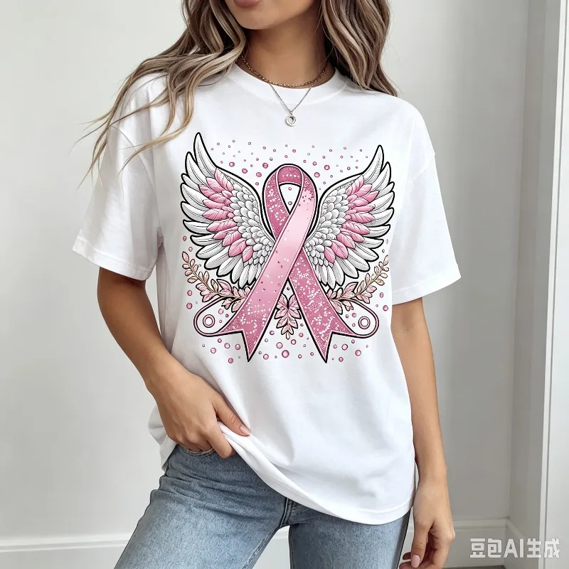 Pink Ribbon Wings T-Shirt Women Breast Cancer Awareness Angel Wing Graphic Tee Casual Short Sleeve Tops Soft Modal Support Shirt