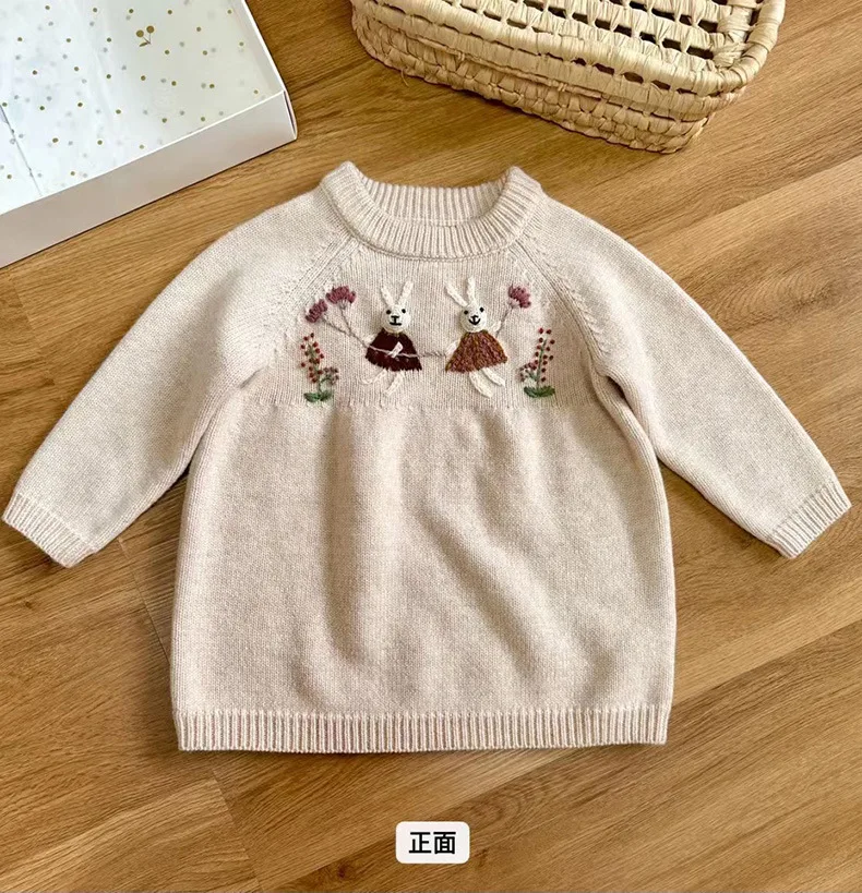 Girls Knitted Dress 100% Merino Wool Clothes With Rabbit Embroidery By Hand Toddler Girl Knitted Clothing 2-6Y