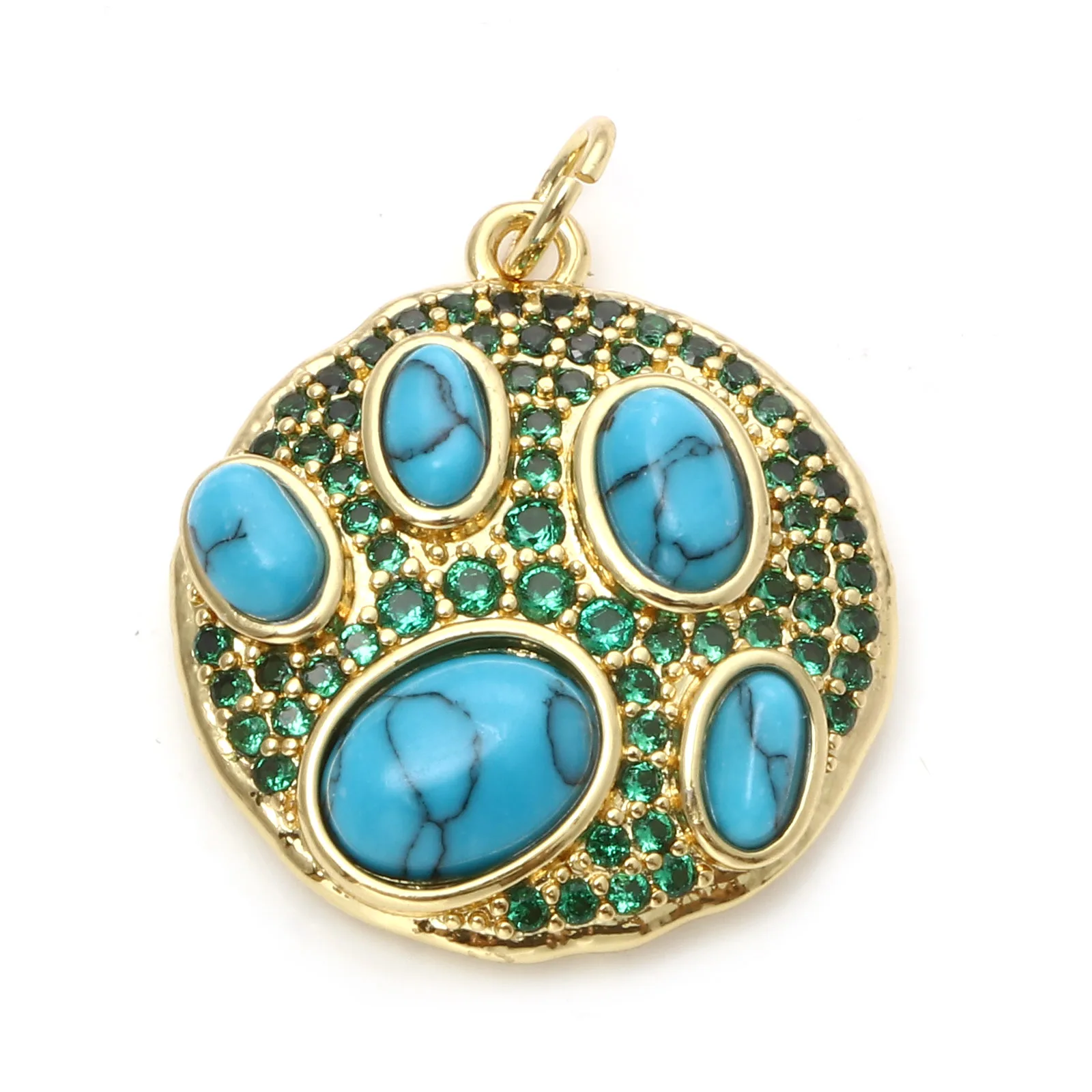 Copper Bohemian Style Charms Blue Round Green Acrylic Cubic Zirconia Metal Pendant DIY Making Necklace Jewelry 25mm x 20mm,1PC