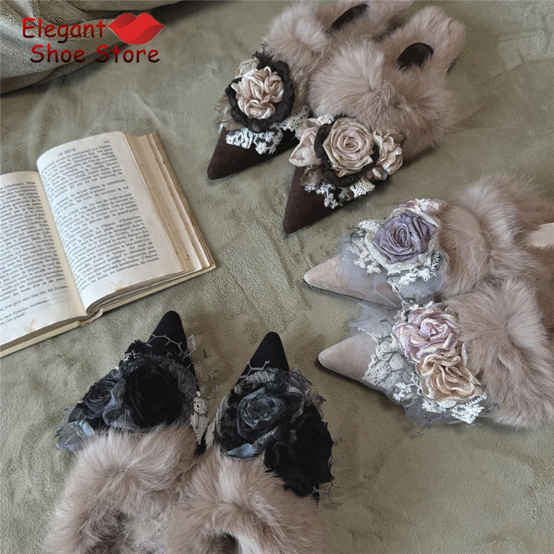 Flower Decor Plush Fur Half Slippers Luxury Elegant Suede Lace Pointed Toe Pumps Autumn Winter Indoor Women Casual Flat Shoes