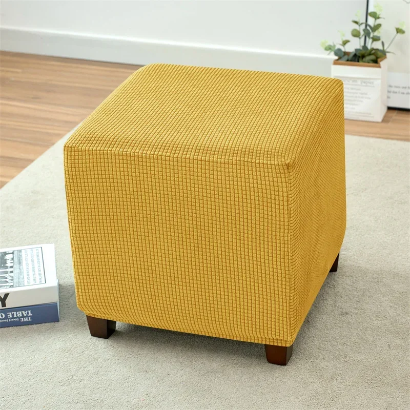 Solid Color Ottoman Stool Cover Stretch Polar Fleece Square Footstool Covers All-inclusive Footrest Slipcover Living Room Home