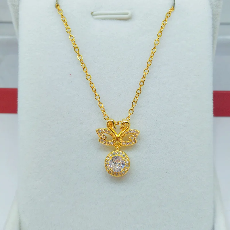 

Women's Clavicle Chain 9999 24K Real Gold Double Swan Pendant Inlaid Moissan Diamond Fashion Necklace Niche