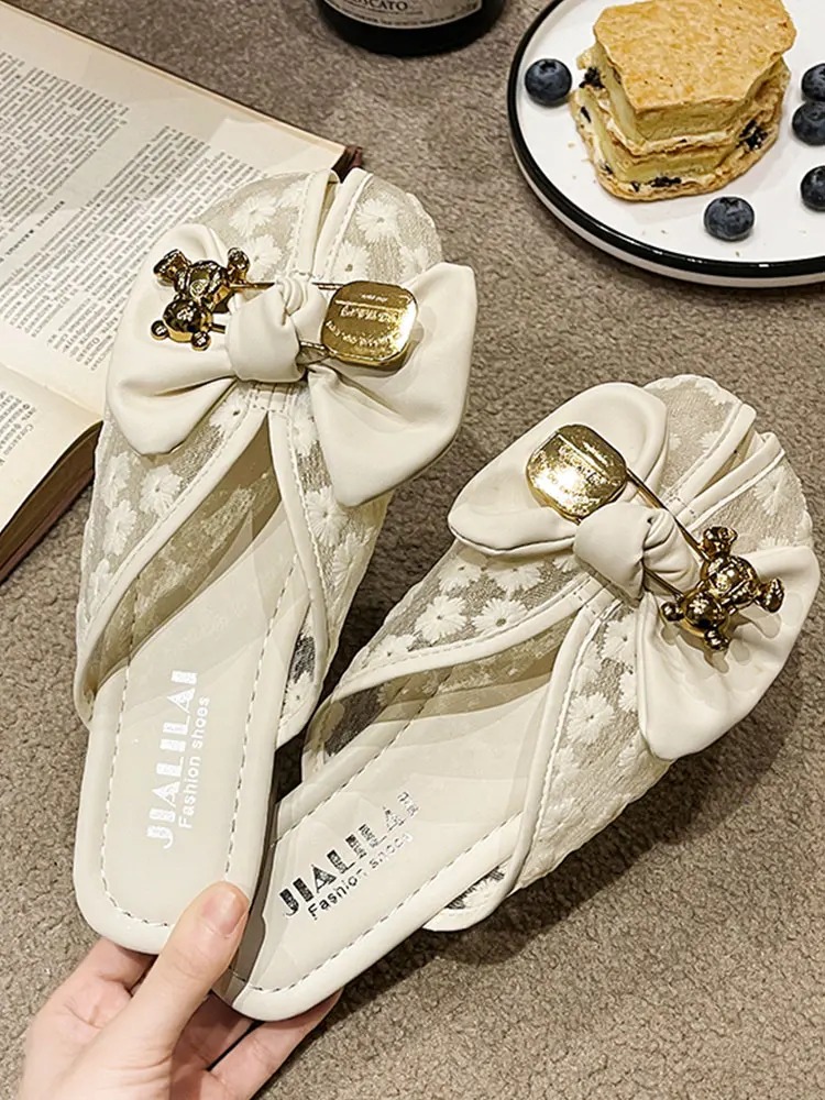 Flat Shoes Female Cover Toe Loafers Slippers Soft Butterfly-Knot Slides Fashion Low Slipers Women Peep Comfort Luxury 2023 Butte