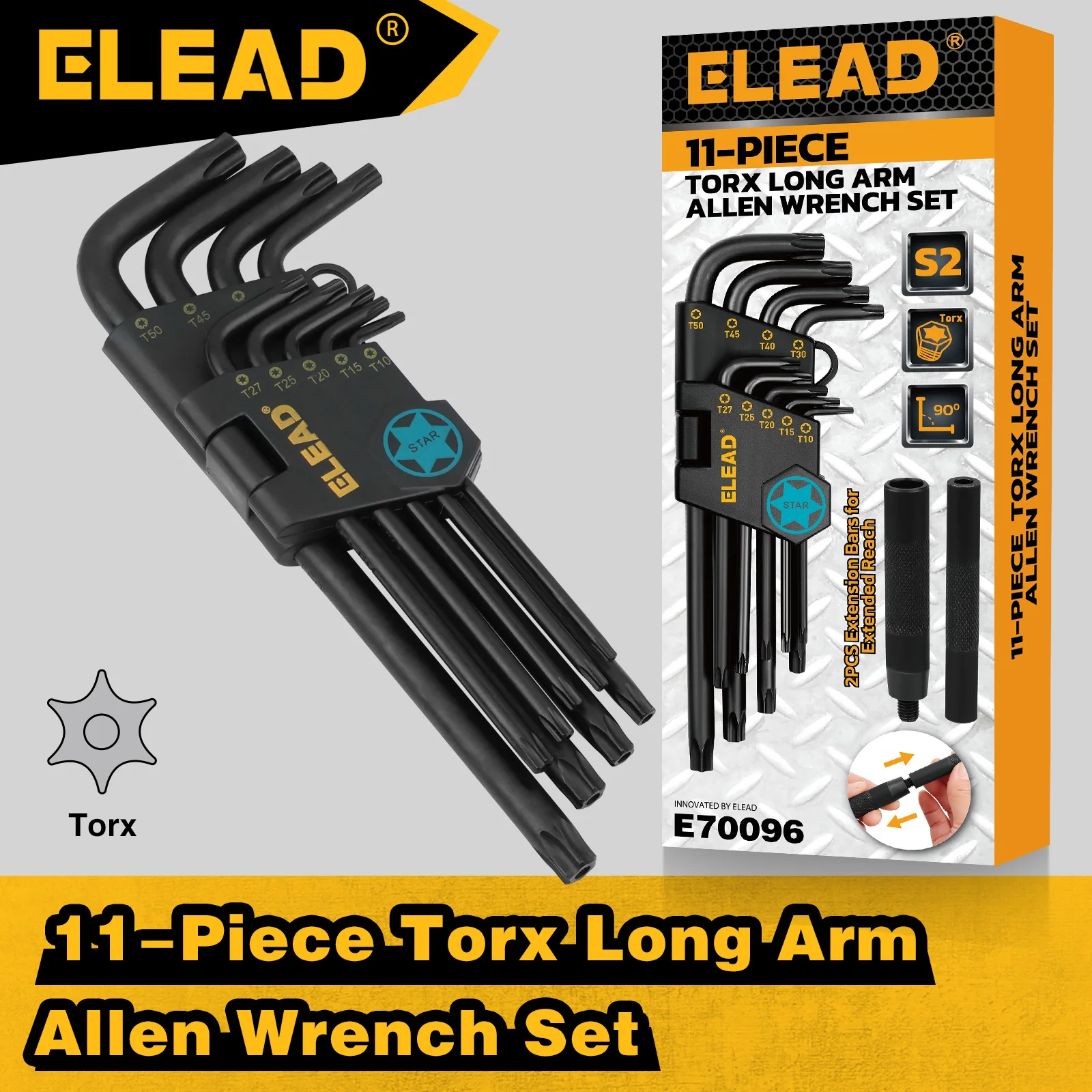 ELEAD 11Pcs Long Arm Torx Key Set T10-T50, S2 Heat Treated Steel Star Allen Wrench W/ Extension Bar for Auto & Household Repair