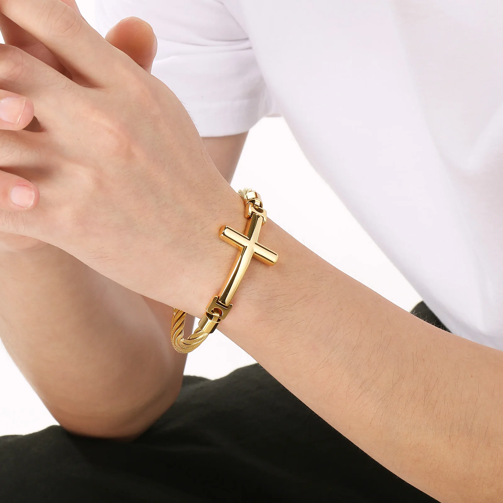 Fongten أسلاك الفولاذ الربط السلس الصليب الفولاذ المقاوم للصدأ الرجال الإسورة الهيب هوب الصبي تنوعا المعصم مجوهرات هدية عيد الميلاد #2