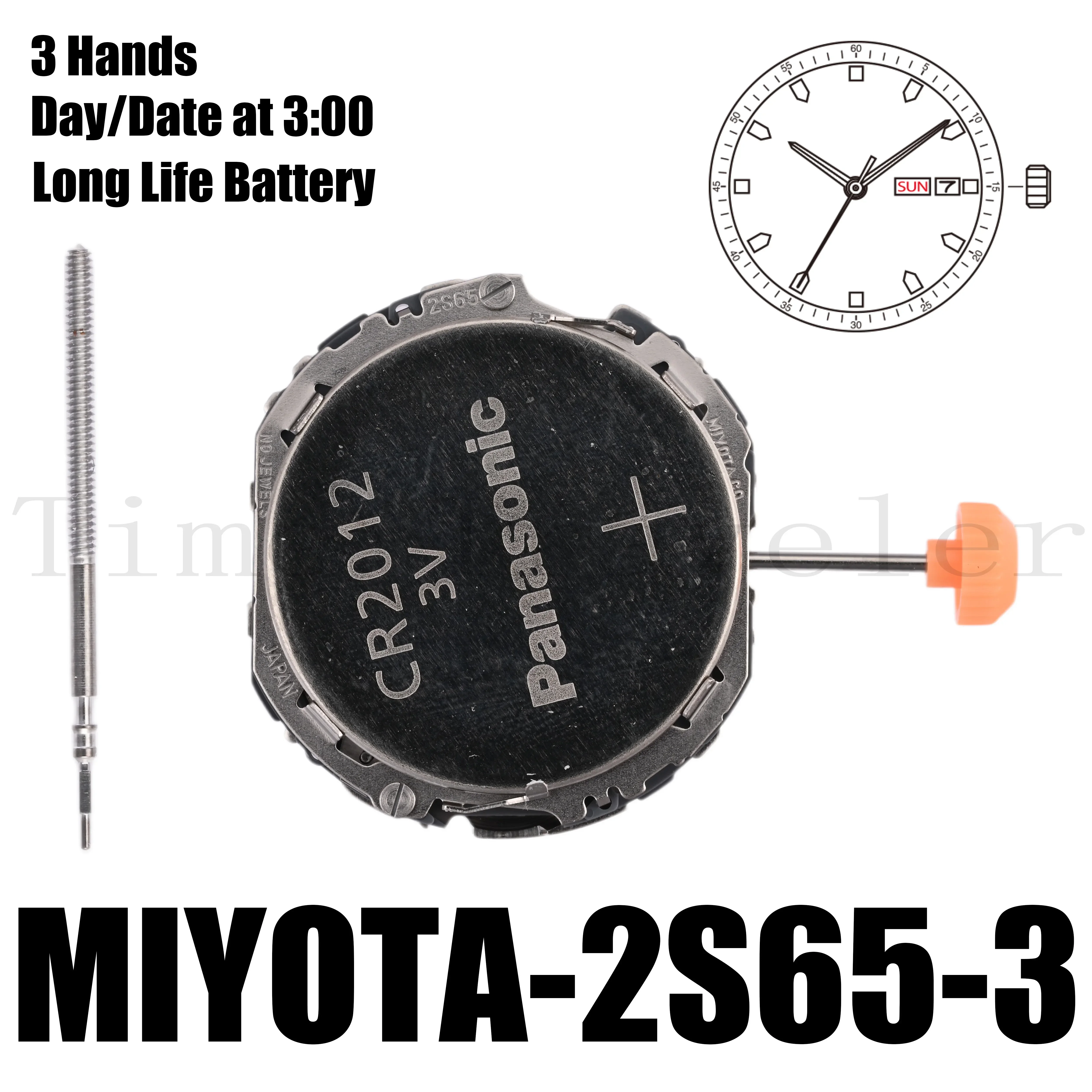 2s65 Movement Miyota 2S65 Movement Size 10 1/2’’’ Height 4.22mm Long Life Battery 3 Hands Date and Day at 3:00