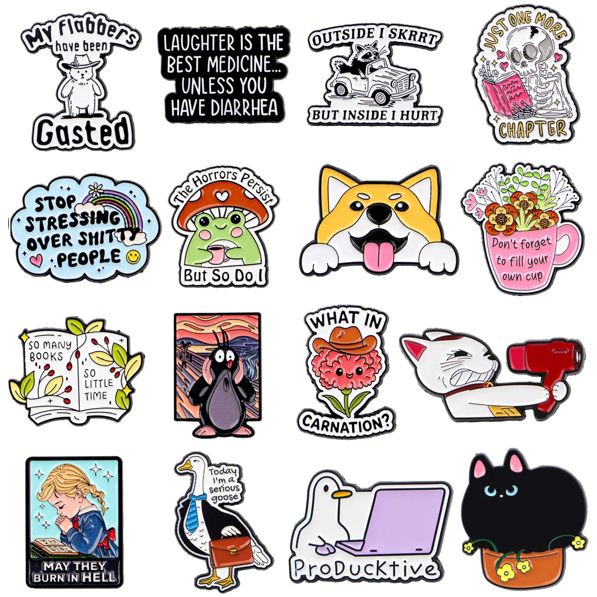 

Cute Cat Enamel Pin Flowers Quotes Badge On Backpack Lapel Pins Cartoon Duck Brooches for Jackets Cosplay Accessories Gift Toys