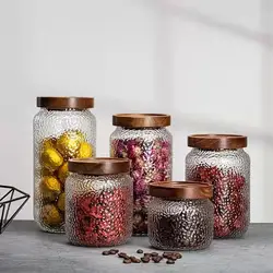 Acacia Wood Storage Jar Transparent Hammer Pattern Glass Sealed Jar Glass Tea Jar Tea Sealed Jar Household Storage Supplies