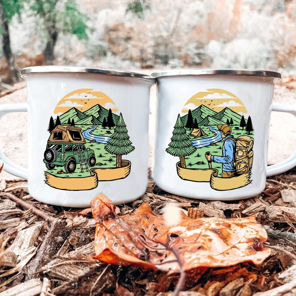 

Touring Enamel Mug Caravan Printed Camper Mugs Camping Enamel Mug Adventure Campfire Party Beer Juice Cup Gifts for Camper