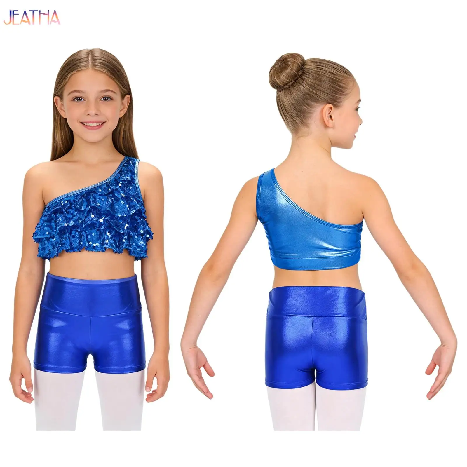 

Kids Girls Gymnastics Leotard Ballet Jazz Hip Hop Dance Performance Costume Shiny Sequins Tiered Crop Top with Skirt Dance Suit
