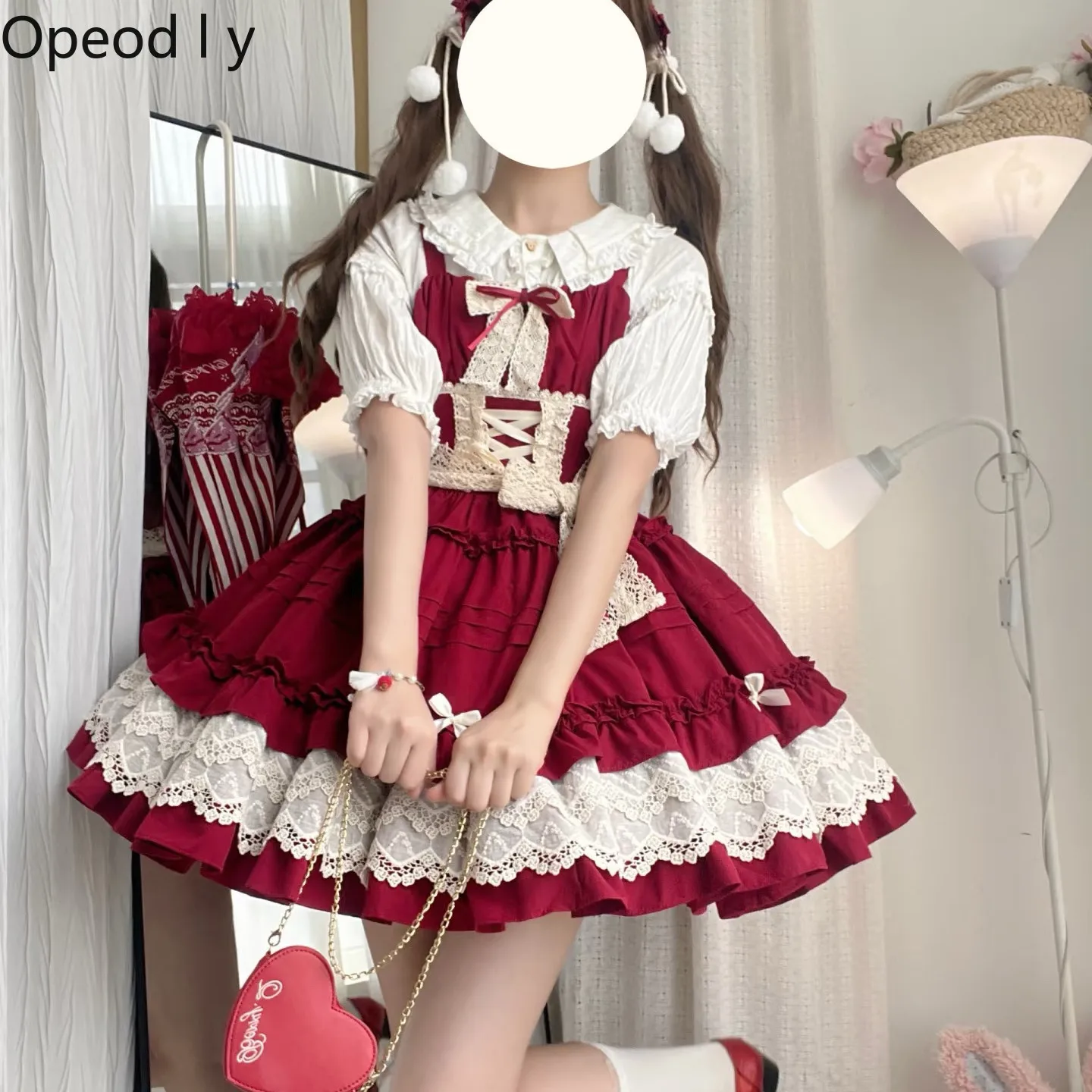 

Lolita Style Red Bow Lace Splicing Cake Dress Women's 2026 Summer New Sweet and Cute Girlish Temperament Short Dress