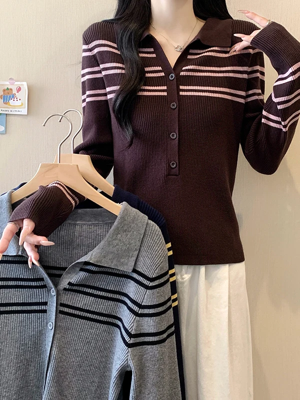 

plus Size Women's Vintage Striped Long Sleeve Knit Sweater Autumn Winter Flip Collar Slimming Versatile Design Knitted Top