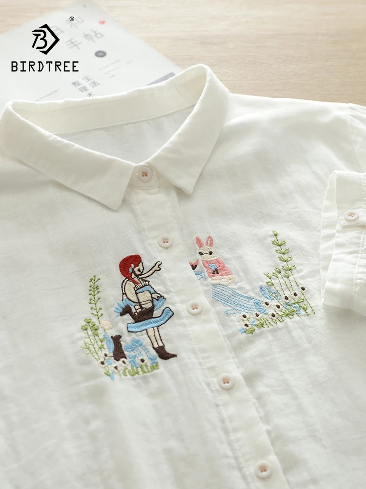 New Spring Cotton Rabbit Embroidery Shirt Women Lapel 3/4 Sleeve Commute Tops Girl Loose Versatile Blouses 2024 Autumn T45310QC