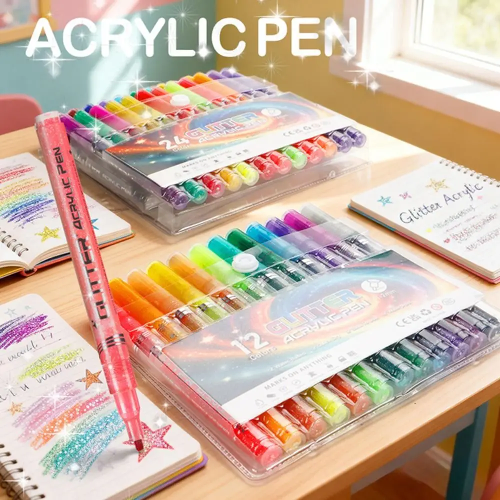 

12/24Colors Glitter Pen Water-Based Quick-Drying Acrylic Pen Set DIY Graffiti Drawing Art Markers Pen Stone Wood Calligraphy