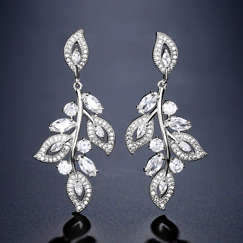 ZAKOL Luxury Marquise Leaf Zircon Bridal Earrings Buling Clear Crystal CZ Dangle Earring Glamor Wedding Jewelry for Women