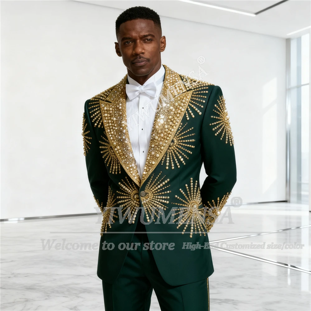 

Роскошный костюм с золотым жемчугом и кристаллами для мужчин, комплект из 2 предметов, блейзер с блестками и лацканами для жениха, мужские банкетные смокинги по индивидуальному заказу