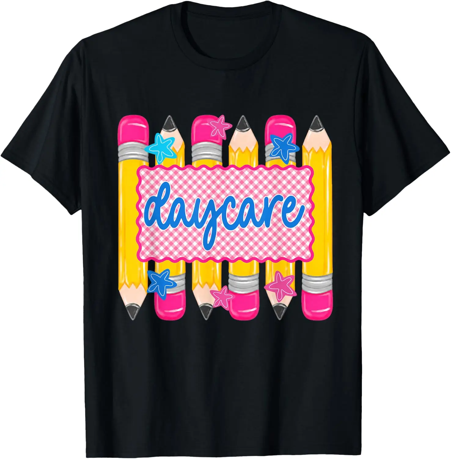Daycare Pencil Pink Plaid First Day Of School T-Shirt 100% Cotton Trendy Y2K Short-Sleeve Tee-Soft, Quick-Drying,