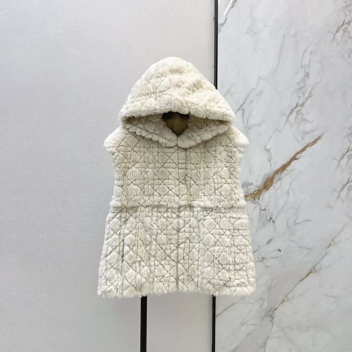 2026 High Quality Women Hooded Plaid Faux Fur Vest, Zip Sleeveless Waistcoat26102114