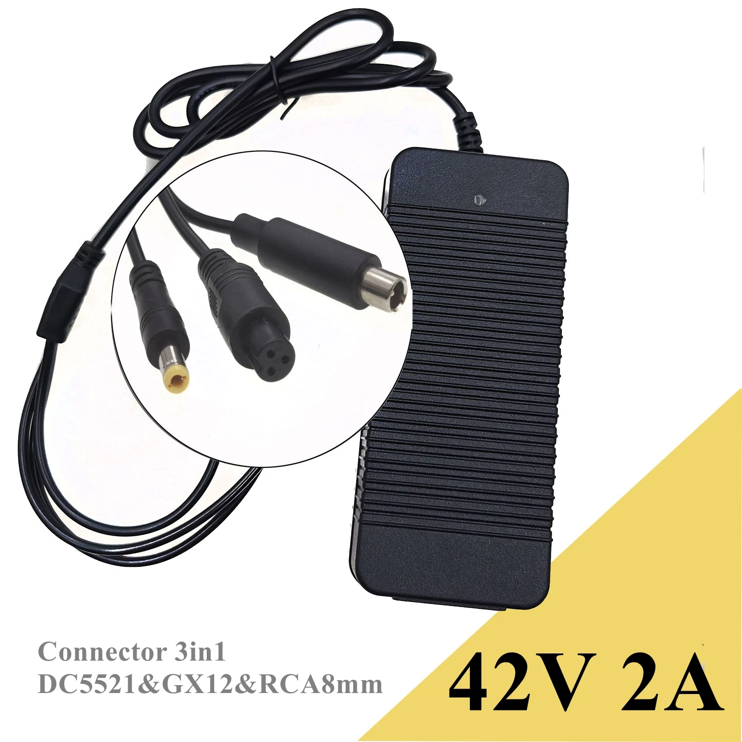 42v 2A charger for 36v Li-ion battery Connector with 3 in1 DC5521&GX12 3Pin & RCA8MM