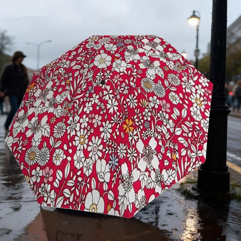 

1pc Automatic Folding Umbrella - Red with White Floral Festive and Fresh Pattern, Sun/Rain Umbrella, and Resistant, Dual Use f