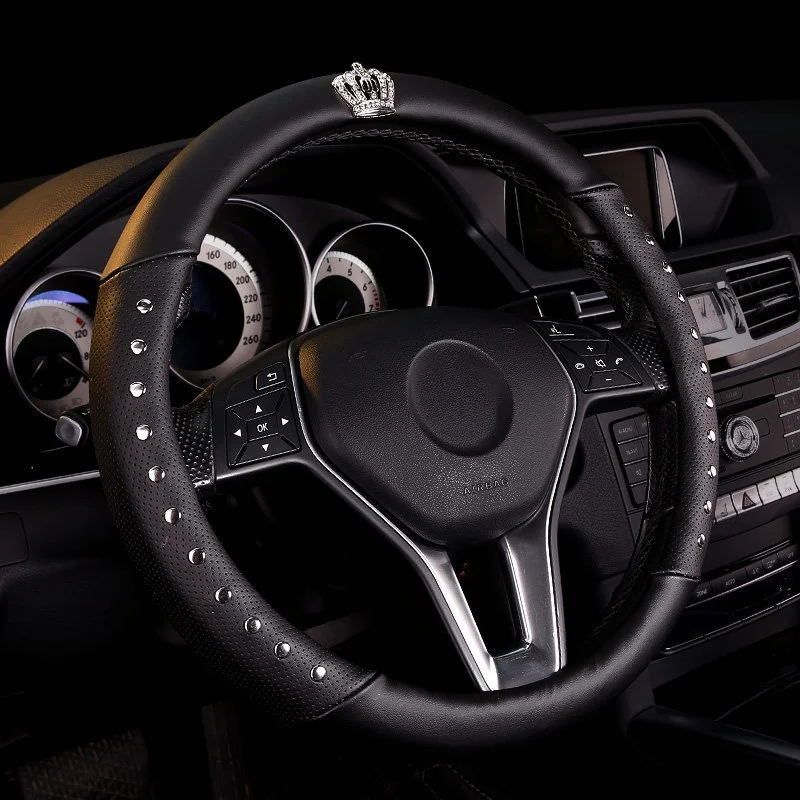 Crown Rivets Car Accessories Steering Wheel Cover Leather Handlebar Case For Women Universal Car Steering Wheel Cover Black