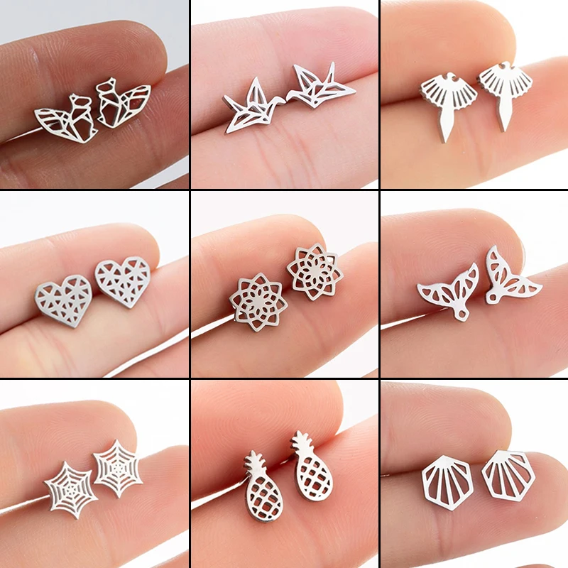 New Fashion Stainless Steel Origami Earring for Women Animal Geometric Jewelry Girls Heart Pineapple Earrings Gifts Accessories