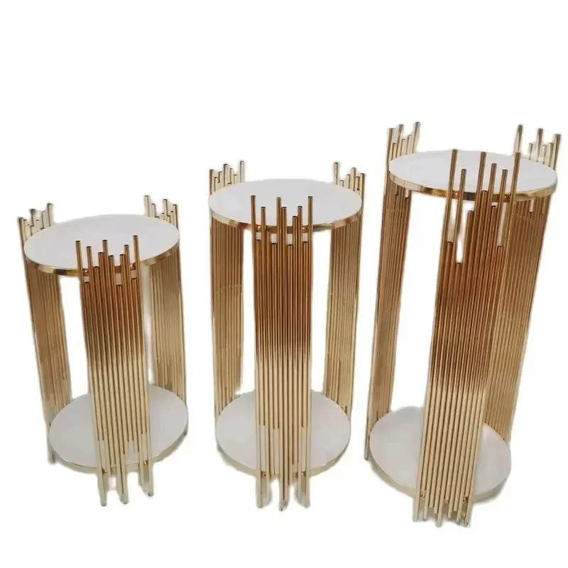 3-teiliges Set aus goldenen Metallzylinderständern, vertikaler Rohrsockel für Bodendekoration bei Hochzeiten, Partys, Dessert- und Blumendekorationen – Detail 4