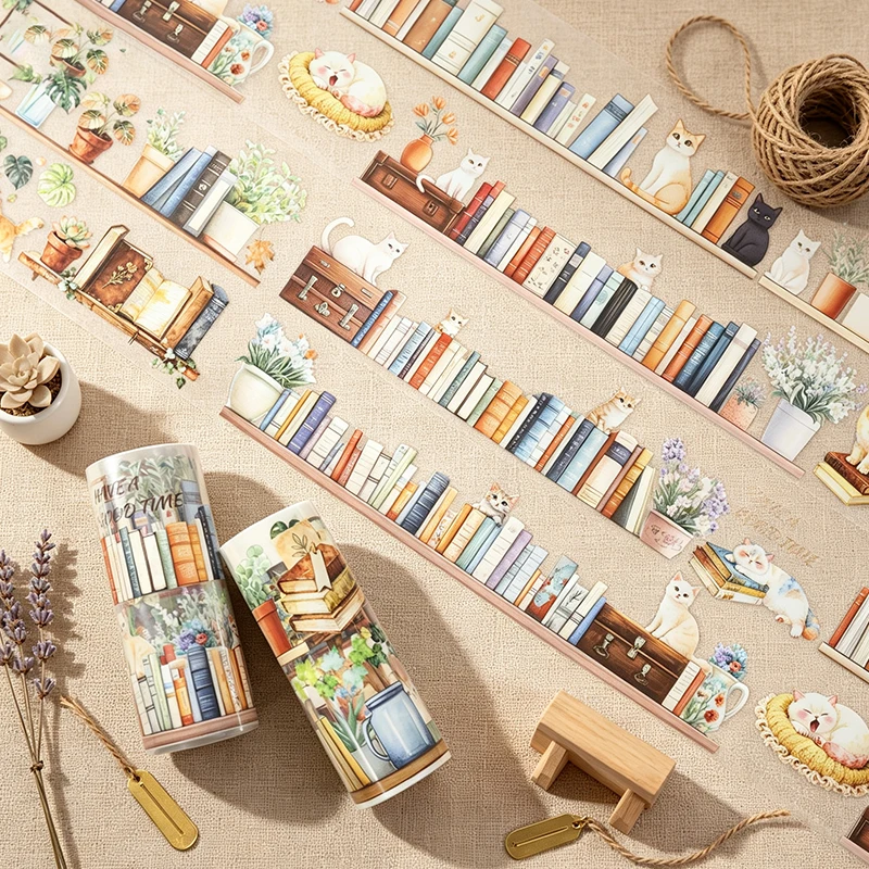 JIANWU 10cm*200cm Vintage Book Cats Landscape PET Tape Creative DIY Journal Material Collage Scrapbooking Stationery